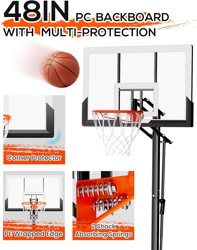 Basketball Hoop Outdoor with 45 Inch Shatterproof Backboard, Portable Basketball Goal System 4.8-10ft Height Adjustable for Kids, Youth, Adults, Backyard/Driveway/Indoor