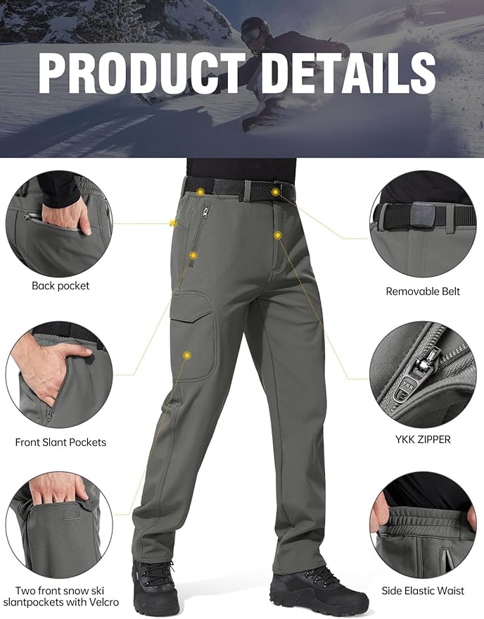 FREE SOLDIER Men's Outdoor Softshell Fleece Lined Cargo Pants Snow Ski Hiking Pants with Belt