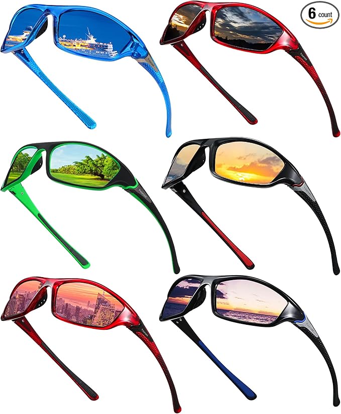 Frienda 6 Pack Polarized Sport Sunglasses for Men Multipack Fit over Glasses Pack Lot Set Men's Sport Fishing Eyeglasses