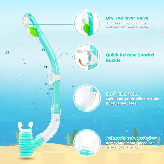 Dry Snorkel for Kids, Ultimate Snorkel Tube for Snorkeling, Freediving & Swimming, Easy-Breath Technology, Top-Mounted Dry Valve & Food-Grade Silicone Mouthpiece