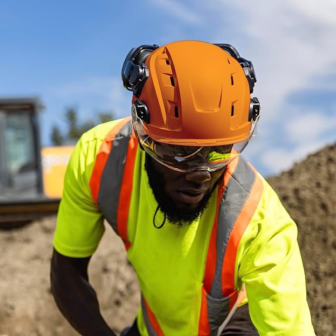 GE Safety Helmet, Impact Absorbing Tech, Adjustable Ratchet, ANSI Type 1, Memory Foam Padding, Hard Hats Protection, Lightweight, Durable, Chin Strap, Comfortable Fit OSHA Approved