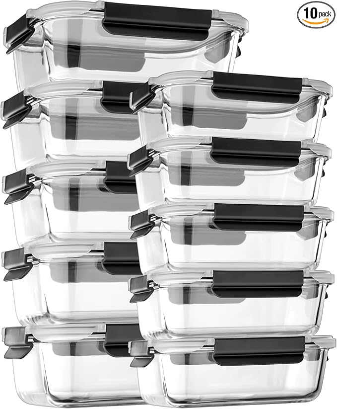 Glass Food Storage Containers with Lids Airtight, Glass Meal Prep Containers with Snap Lids for Food, Bpa-free,Easy to Open&Close/Microwave,Oven,Freezer,Dishwasher Safe/Leak-proof [10 Pack]