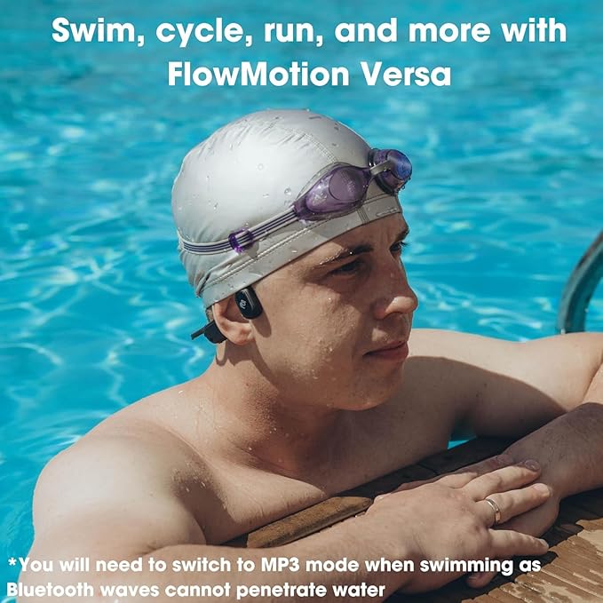 FlowMotion Versa Open-Ear Swimming Headphones Bluetooth Bone Conduction Headphones, 32GB MP3 Player, IP68 Waterproof, Secure Fit for Workouts, Running, Swimming, Cycling, Gym, Built-in Microphone