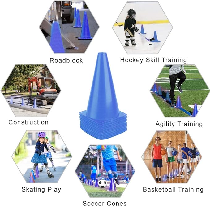 9 Inch Plastic Training Traffic Cones, Sport Cones, Agility Field Marker Cones for Soccer Basketball Football Drills Training, Outdoor Activity or Events - (Set of 10, 12, 15 or 24, 4 Colors)