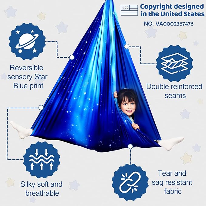 Double Layer Sensory Swing for Kids & Adults Holds up to 300lbs Indoor and Outdoor Therapy Cuddle Swing with 360° Swivel Hanger Kit Adjustable with Aspergers Autism ADHD (Star Blue)