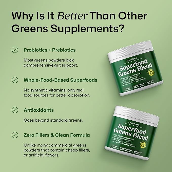 ColonBroom Superfood Greens Powder Supplement | Super Greens Juice Powder with Probiotics, Prebiotics, Spirulina & Chlorella | Natural for Energy, Immunity, Digestion & Detox Support | 56 Servings