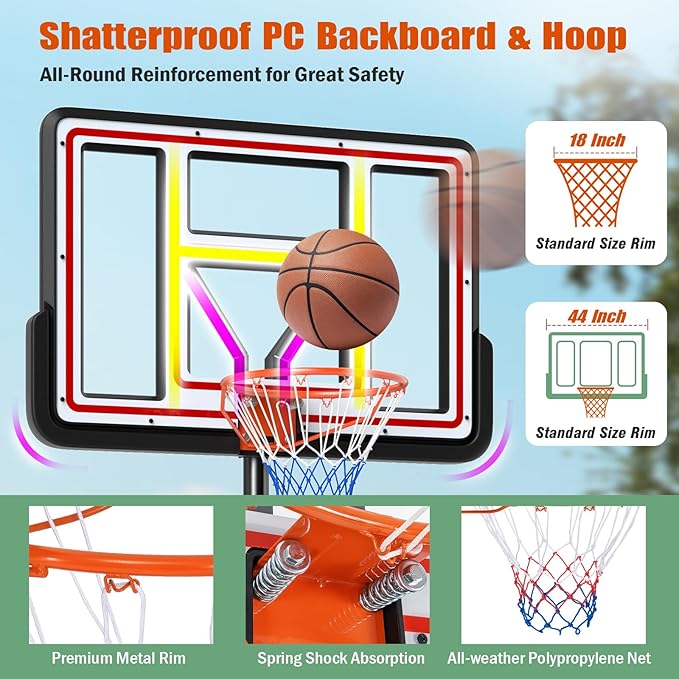 Giantex Portable Basketball Hoop Outdoor - 7.4-10 FT Height Adjustable Basketball Goal System w/ 44 Inch Shatterproof PC Backboard, Fillable Base, Basketball Hoop Indoor for Adults, Backyard, Driveway