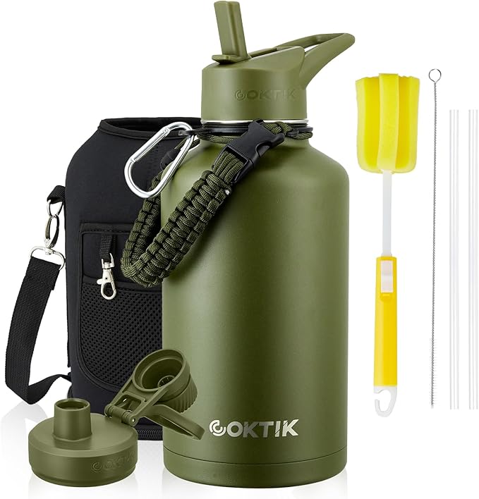 Half Gallon Insulated Water Bottle, 64 oz Triple Wall Stainless Steel Flask, Keeps Drinks Cold for 48 Hrs Leak-Proof & BPA-Free Half Gallon Jug with Paracord Handle, Straw & Spout Lids(Army Green)