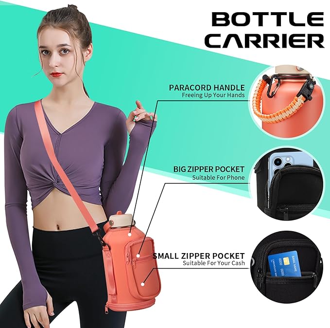 64oz Insulated Water-Bottle with Strap - Half Gallon Water Jug with Straw & Spout Lid, 2 Liter Stainless Steel Water Bottle Leak Proof, Cold-48h Hot-24h Metal Flask w/Paracord Handle, Carrier Case