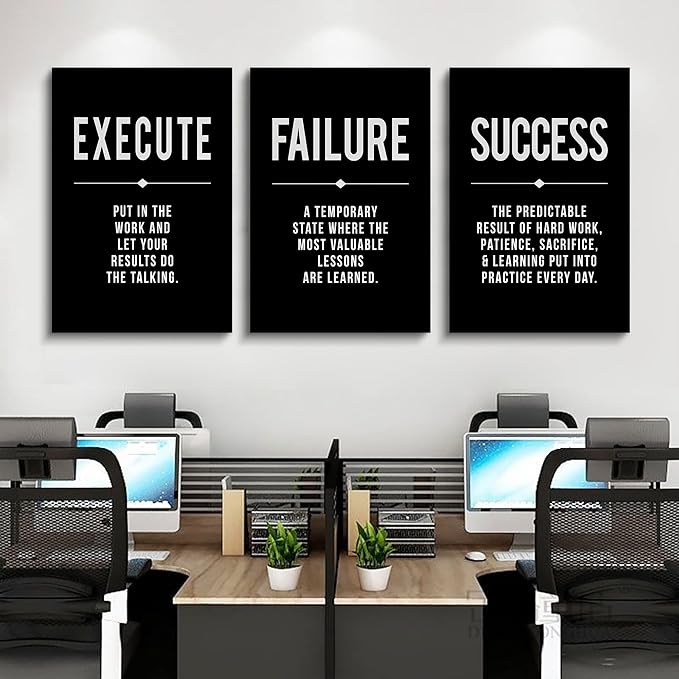 Framed Canvas Wall Art Success Quote, Office Wall Art, Black Large Poster, Positive Motivational Set of 3 Prints, Execute Failure Definition, Inspirational Print (A-3pcs,20x30inchx3pcs)