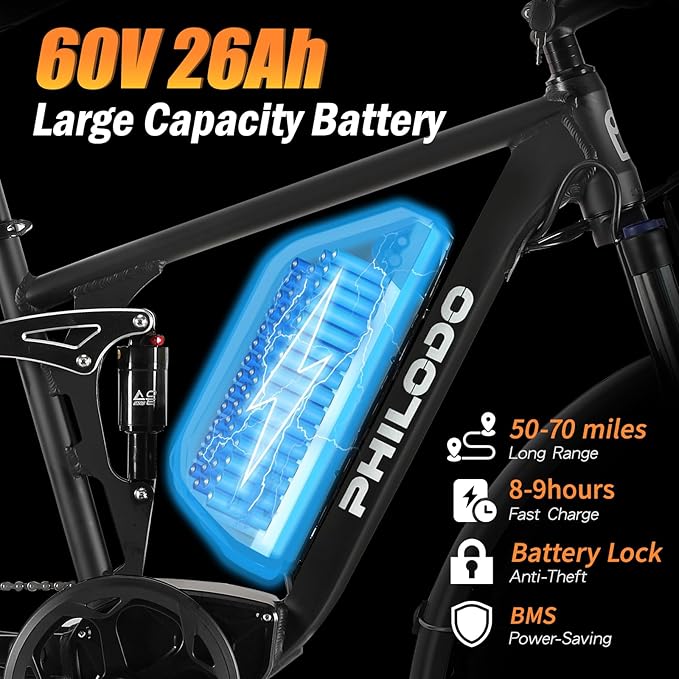 Electric Bike for Adults, 5000W Peak Dual Motor Ebike, 60V 26AH Long Range Dirtbike, 26" Fat Tires for All Terrain Electric-Bicycle, 45MPH-Hunting-Ebike for Off-Road Snow Sand