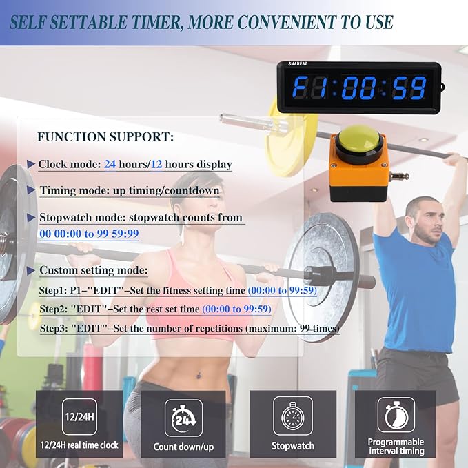 Fitness Timer with Stopwatch Button, Suitable for School/exam/Home Exercise/Gym/Gym SMAHEAT Electronic Fitness Timer (1.5 inch six-bit All-Blue)