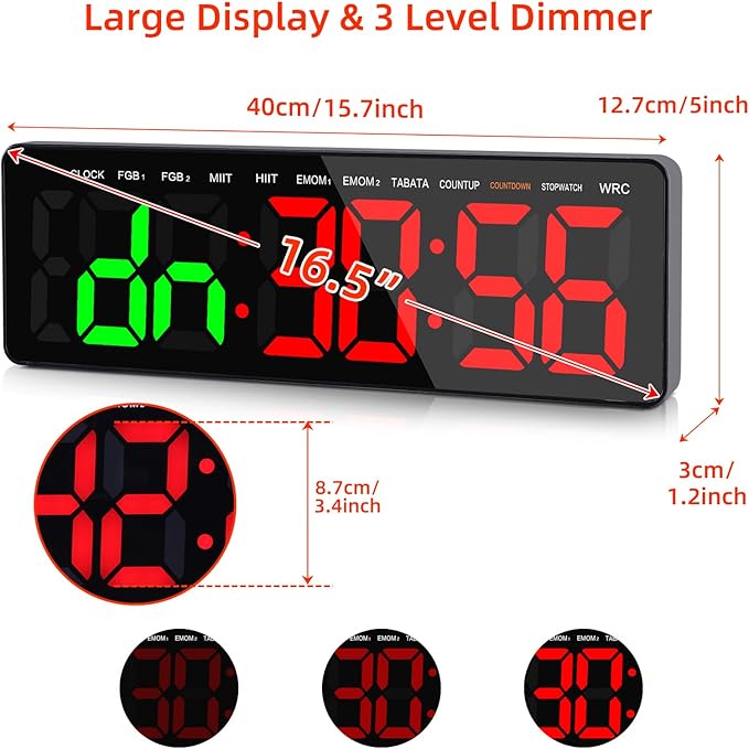 Gym Timer, 16.5" Large Digital Wall Clock for Gym Interval Workout, Remote Control LED Digital Timer for Home Decor, Living Room, Office, Gym, Classroom