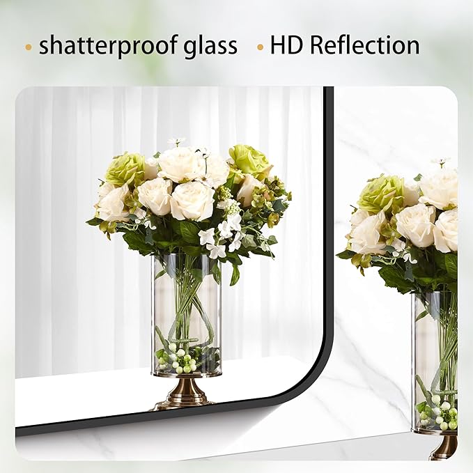 60" x 40"Bathroom Mirror, Matte Black Wall Mirror with Metal Frame, Decorative Rectangular Vanity Mirror for Bedroom Bathroom Living Room Entryway (Horizontal/Vertical)