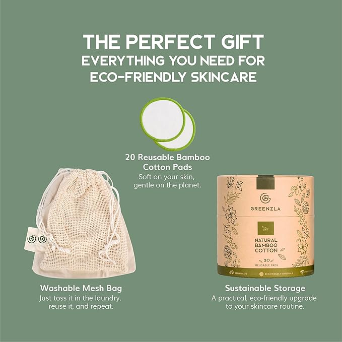 Greenzla Reusable Makeup Remover Pads (20 Pack) Washable Laundry Bag & Round Box for Storage, Reusable Bamboo Cotton Rounds for All Skin Types - Reusable Cotton Rounds for Face - Reusable Cotton Pads