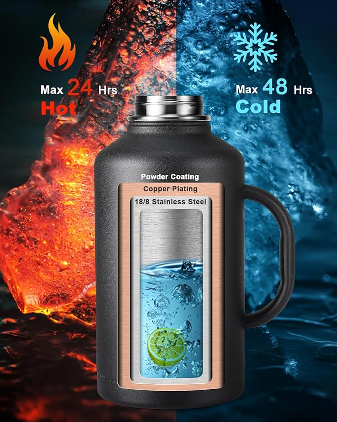 Half Gallon Water Bottle with Straw and Lid, 64 oz Insulated Stainless Steel Jug with Handle,Reusable Metal Travel Flask Mug Cup With Carry Pouch and Brush,Keep Cold & Hot,Black