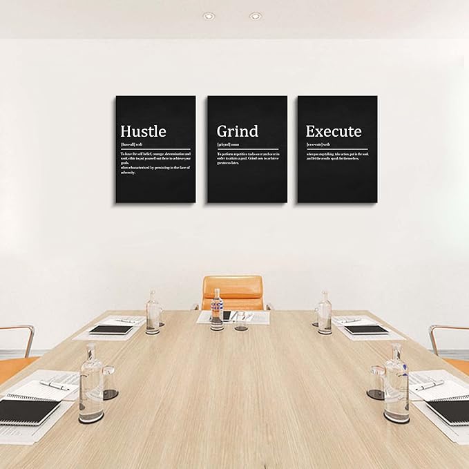 EPHANY Hustle Grind Execute - Wall Hanging Decor, Framed Canvas Office Art, Set of 3 Inspirational Prints
