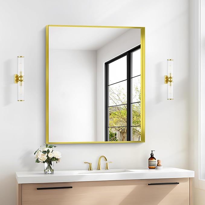 Gold Bathroom Mirror, 30x36 Inch Rectangular Framed Mirror, Large Wall Mounted Bathroom Vanity Mirror Over Sink for Bedroom,Restroom, Living Room, Hangs Vertically or Horizontally