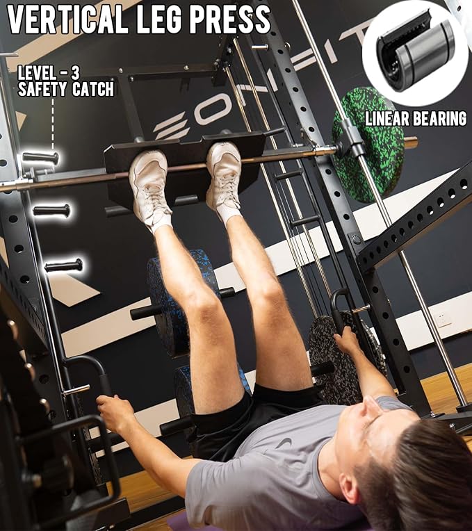 Eonfit E5 Smith Machine with Vertical Leg Press, Power Cage Squat Rack with LAT-Pull Down Cable Crossover Rotating Arms System Home Gym Equipment All in One (E5 RED)