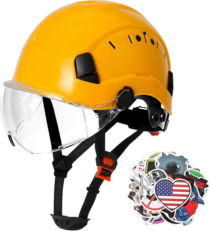 AOLAMEGS Construction Yellow Hard Hats - ANSI Z89.1 Class C Approved Adjustable Vented Hard Hat with Clear Visor for Men Women 6-Point Suspension ABS Safety Helmet for Outdoor Height Work