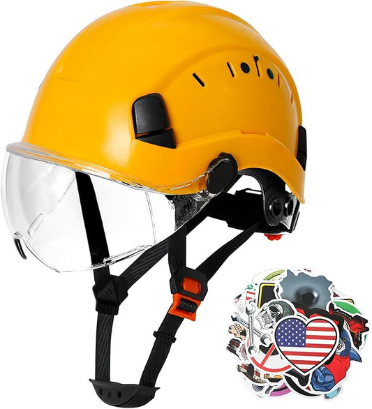 AOLAMEGS Construction Yellow Hard Hats - ANSI Z89.1 Class C Approved Adjustable Vented Hard Hat with Clear Visor for Men Women 6-Point Suspension ABS Safety Helmet for Outdoor Height Work