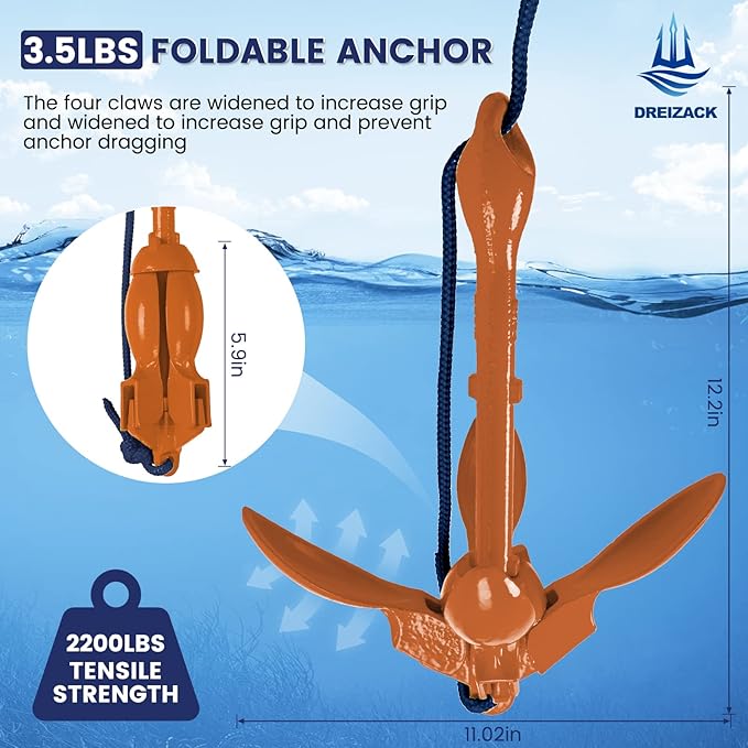 Dreizack Kayak Anchor Kit, 3.5 lb Folding Grapnel Boat Anchor Trolley Accessories with 40ft Rope and PVC Buoy for Fishing Kayaks SUP Paddle Boards Canoes Jet Ski PWC Inflatable Small Boats