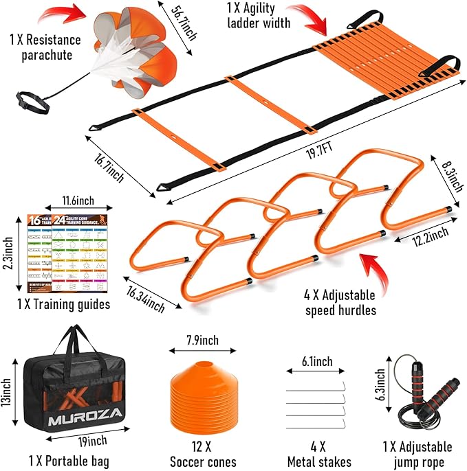 Agility Ladder, Speed Training Equipment Set, 20ft Agility Ladder, 12 Soccer Cones, 4 Hurdles, Jump Rope, Running Parachute, Basketball Football Soccer Training Equipment for Kids, Youth, Adults