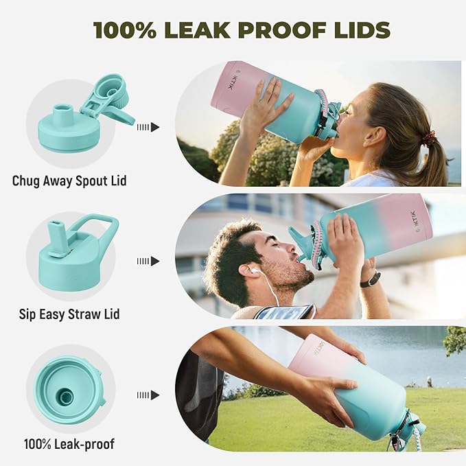 COKTIK 128 oz Insulated Water Bottle, Triple Wall Stainless Steel Flask, Keeps Drinks Cold for 48 Hrs Leak-Proof & BPA-Free Half Gallon Jug with Paracord Handle, Straw & Spout Lids(Bubble Gum)