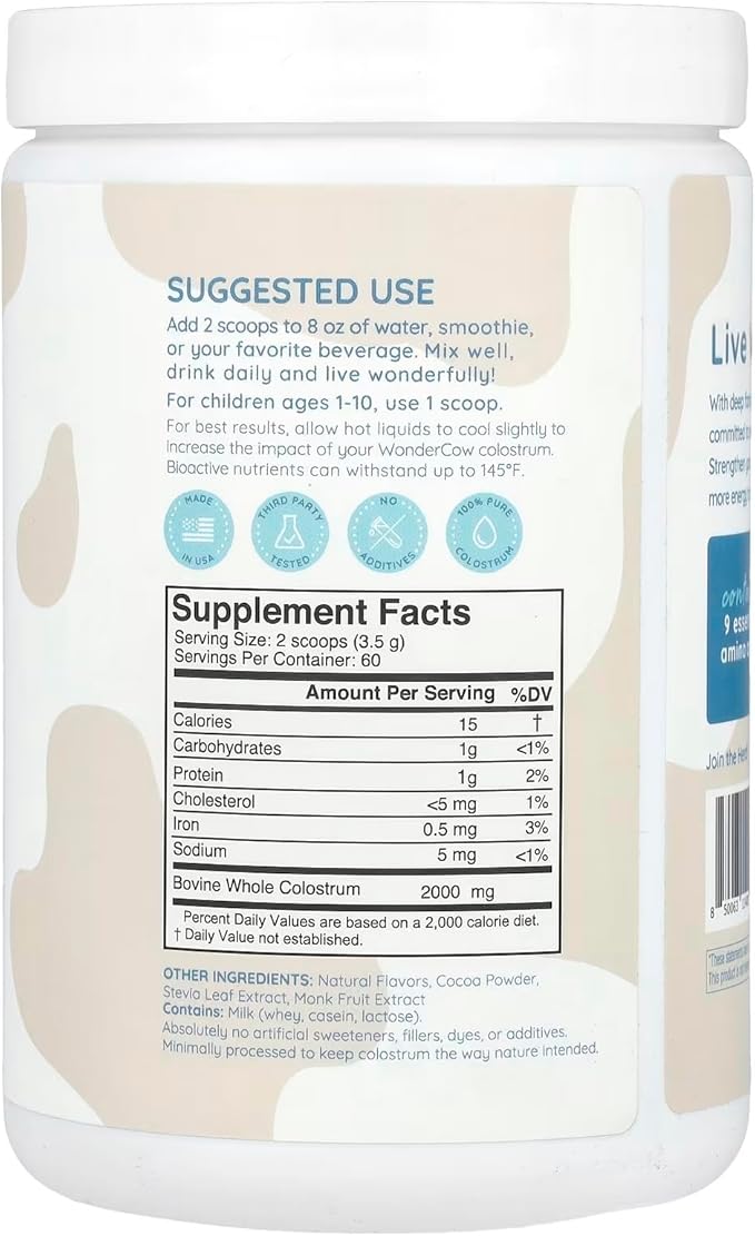 Colostrum Supplement Powder for Gut Health, Immune Support, Muscle Recovery & Wellness | Natural IgG Pure Whole Bovine Colostrum Superfood, Chocolate, 60 Servings