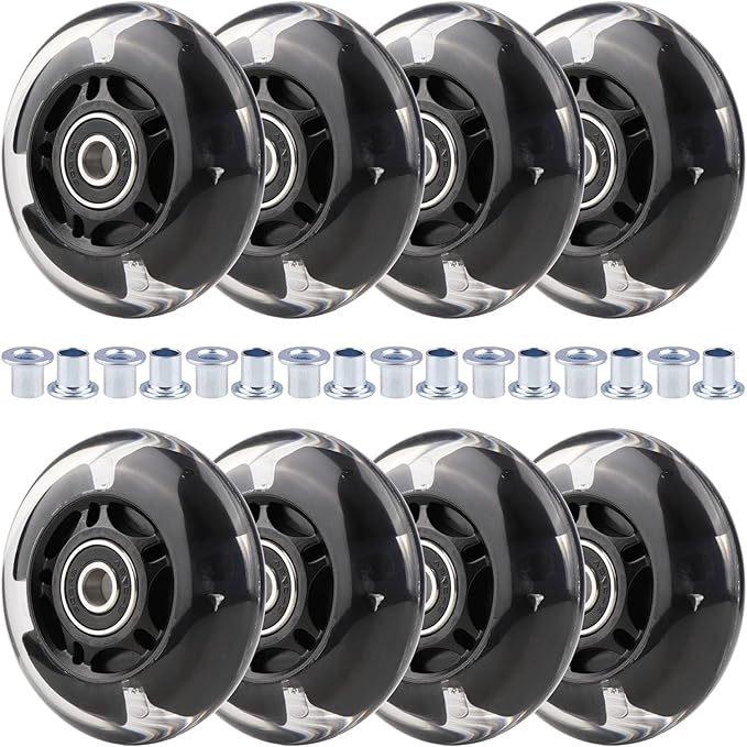 8pcs Inline Skate Wheels Led Light-Up Wheels 64/70/72/76/80mm w/Bushings 85-88A for Kids and Youth Beginners Children's Inline Skates Indoor/Outdoor Use (Black, 72mm)
