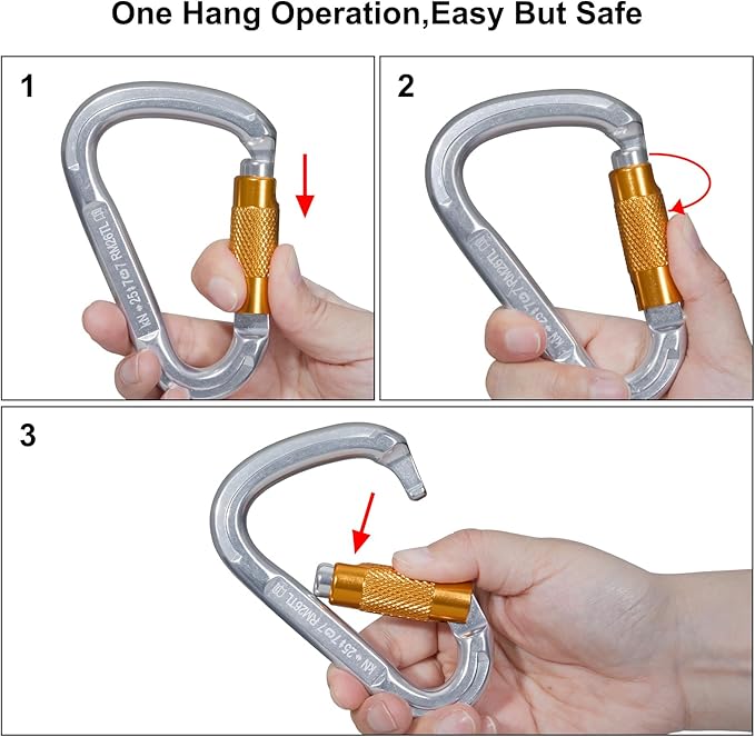 Auto Locking Rock Climbing Carabiner Clips, Heavy Duty Asymmetrical Carabiner Connector Used for Rappelling Rescue Outdoor Climbing, Mountaineer, Hammock, Camping