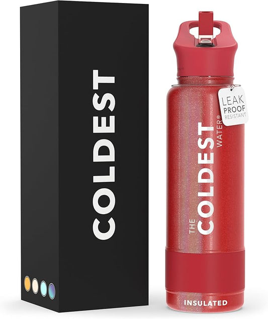 Coldest Insulated Water Bottle with Straw Lid - Stainless Steel Metal Insulated Bottle for Men & Women (Mars Red Glitter, 40 oz)