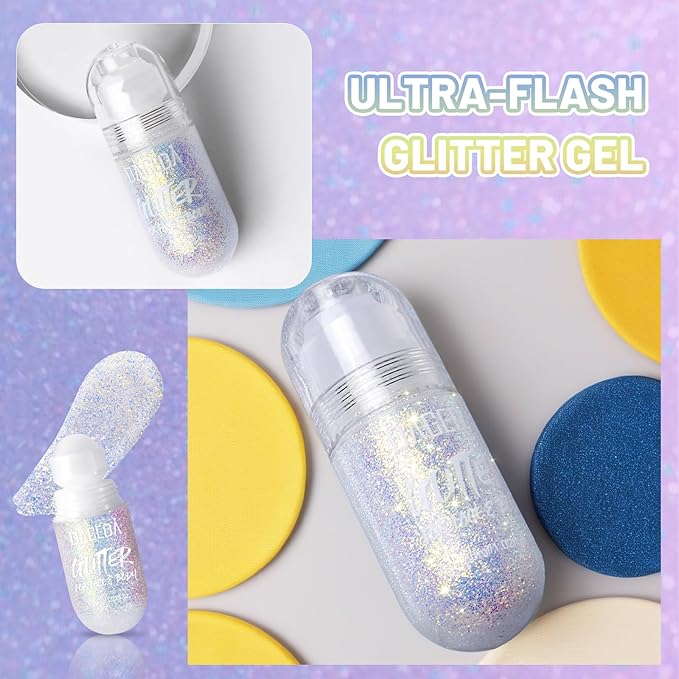 DAGEDA Body Glitter Gel, Roll-on Face Glitter for Mermaid Makeup Festival Rave Accessories, Holographic Hair Glitter Gel,Body Shimmer Halloween Makeup for Rave Party(Ocean Glow)