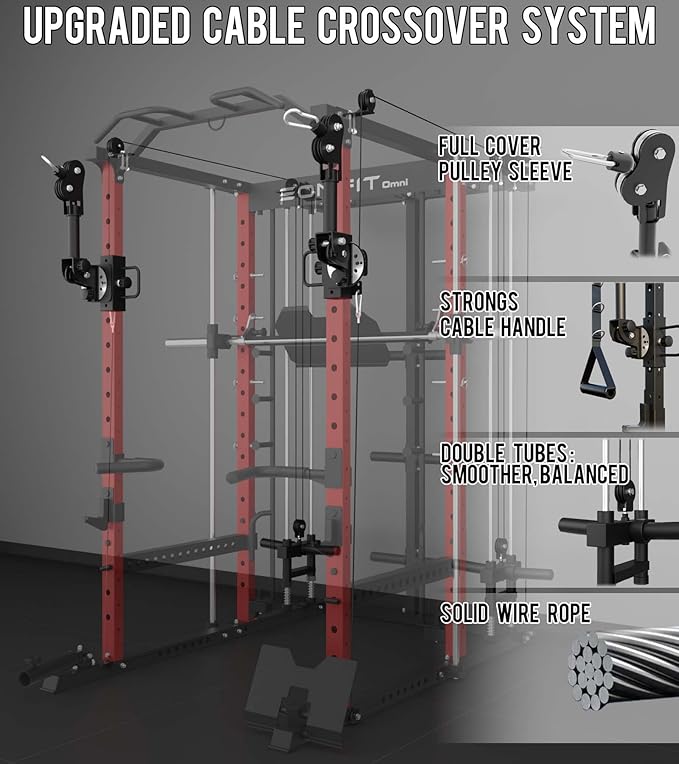 Eonfit E5 Smith Machine with Vertical Leg Press, Power Cage Squat Rack with LAT-Pull Down Cable Crossover Rotating Arms System Home Gym Equipment All in One (E5 RED)