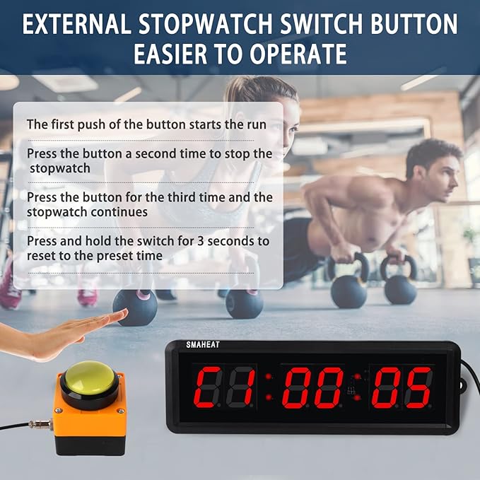 Fitness Timer with Stopwatch Button, Suitable for School/exam/Home Exercise/Gym/Gym SMAHEAT Electronic Fitness Timer (1.5 inch six-Digit All-red)