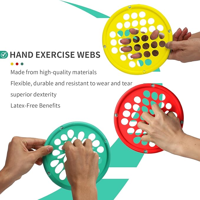 Hand Exercise Webs for Physical Therapy, Hand Grip Strengthener, Finger Exerciser, Portable Size, Latex Free, 7" Diameter