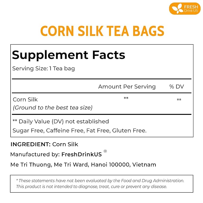 FreshDrinkUS, Premium 75 Tea Bags Corn Silk Tea, 100% Natural & Pure from Corn Silk. Corn Silk Herbal Tea. Clean Ingredients. Made with Natural Material Tea Bags. No Sugar, No Caffeine, Vegan.