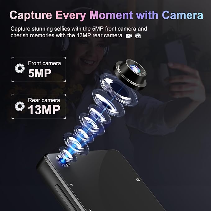 80GB MP3 Player with Bluetooth and Camera, Android 13 OS MP3 & MP4 Player with 4" Touchscreen and Speaker, Spotify Music Player with Audible, FM Radio, Amazon Music, Play Store