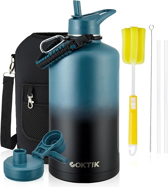 COKTIK 128 oz Insulated Water Bottle, Triple Wall Stainless Steel Flask, Keeps Drinks Cold for 48 Hrs Leak-Proof & BPA-Free Half Gallon Jug with Paracord Handle, Straw & Spout Lids(Indigo Black)