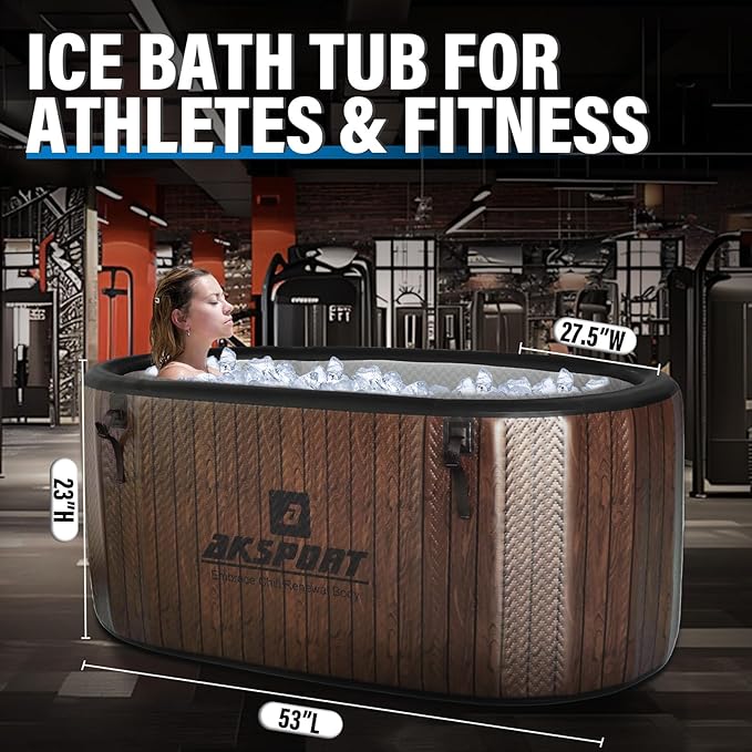 AKSPORT Ice Bath Tub for Athletes, 151 Gallons Inflatable Cold Plunge Tub Compatible with Water Chillers, Icebath for Recovery & Cold Water Therapy, Portable Bathtub for Indoor & Outdoor-Wood