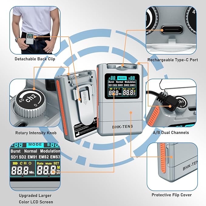 DIY Pluse TENS EMS Unit Muscle Stimulator for Back Pain Relief, Rechargeable TENS Unit Machine with 8 Modes & 8 Electrode Pads. Electric TENS Massager for Chronic Pain, Muscle Relaxation, Home Use