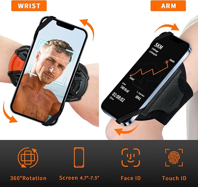 Armband Phone Holder 360° Rotation & Detachable, Compatible with iPhone 15/14/13/12/Pro/Pro ect., for Samsung, and More Fits 4''-6.5'' Phones Ideal for Walking Running