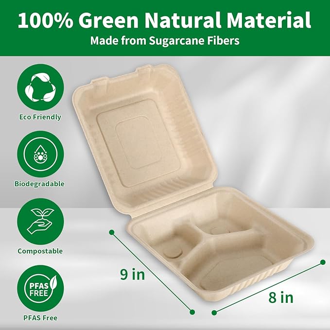 Aricsen 50 Pack 3 Compartment Compostable 8x9 Inch Takeout Lunch Box Containers with Lid To Go Take Out Clamshell for Food, Disposable Eco-Friendly Biodegradable Bagasse, PFAS-Free, Brown
