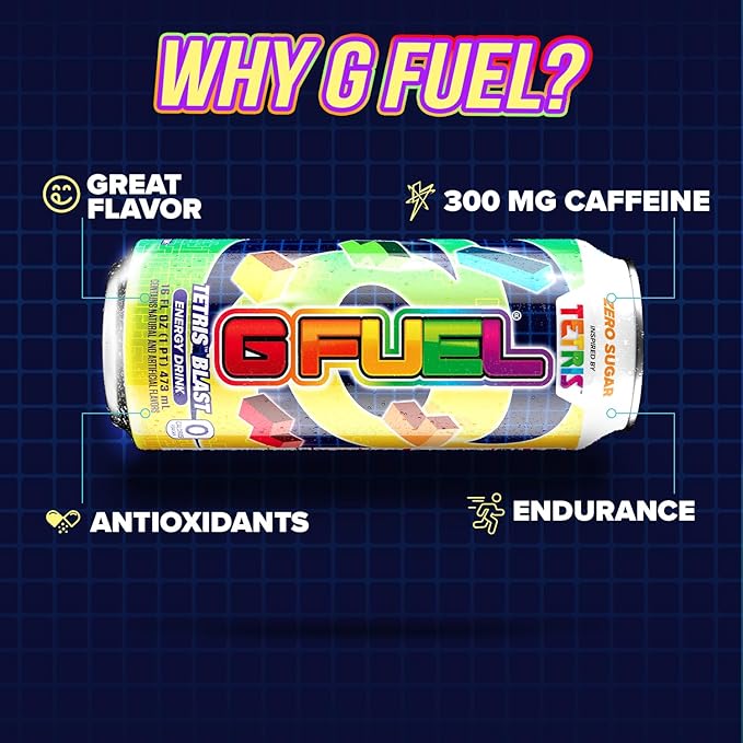 G Fuel Energy Drink, Candy Flavor, Sugar Free Beverage with 300mg Caffeine, Daily Energy Boost with Focus Amino, Vitamin + Antioxidants, 16 oz Cans (Tetris, 12-Pack)