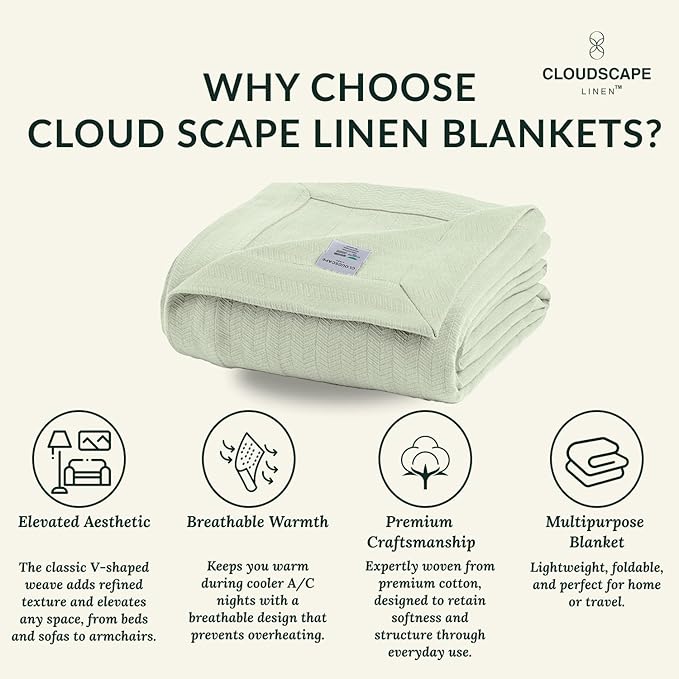 Cloud Scape Linen 100% Cotton Queen Size Blanket, Herringbone Pattern, Lightweight Summer Blanket,Best Gifts for Women, fits Full Size Bed, 92 x 92, Seafoam Green
