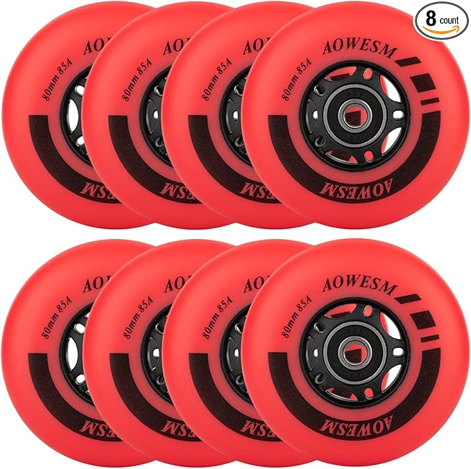 AOWESM Inline Skate Wheels 80mm 76mm 72mm 85a Outdoor Indoor Black Blue Red Roller Hockey Blades Replacement Wheels w/Bearings ABEC-9 and Floating Spacers (8-Pack)