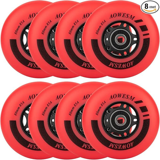 AOWESM Inline Skate Wheels 80mm 76mm 72mm 85a Outdoor Indoor Black Blue Red Roller Hockey Blades Replacement Wheels w/Bearings ABEC-9 and Floating Spacers (8-Pack)