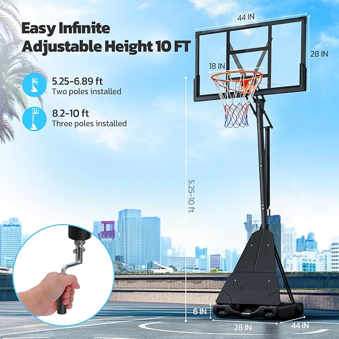 Basketball Hoop Outdoor Portable 44/48 Inch Backboard, 10ft Quickly Adjustable Basketball Goal System with Wheels for Court/Backyard/Driveway