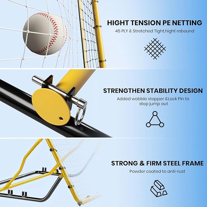 Baseball Rebounder Net,4x4.5FT Multi-Sport Pitch Back Rebounder Steel Frame with 4 Adjustable Angles, 40pcs Bungees Soccer, Volleyball&Lacrosse Trainer for Solo Fielding,Pitching and Reflex Training