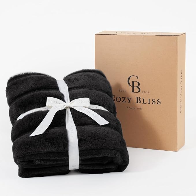 Cozy Bliss Faux Fur Throw Blanket for Couch, Cozy Warm Plush Striped Blanket for Sofa Bedroom Living Room, Black